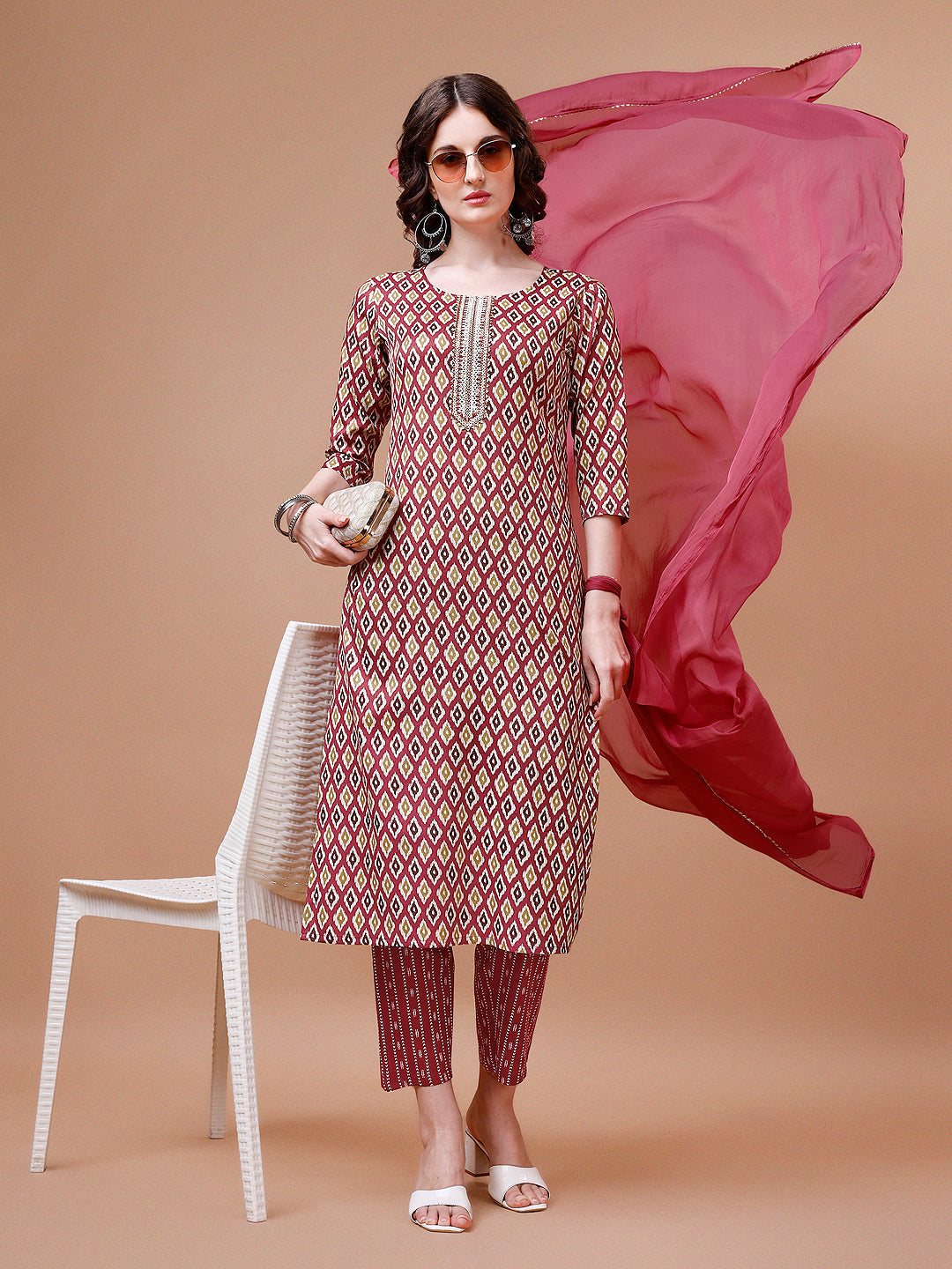 Ethnic Motifs Printed Cotton Kurta With Pant & Dupatta, Multicolor - Hiral Fashion