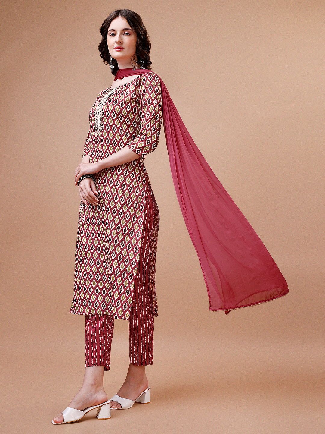 Ethnic Motifs Printed Cotton Kurta With Pant & Dupatta, Multicolor - Hiral Fashion