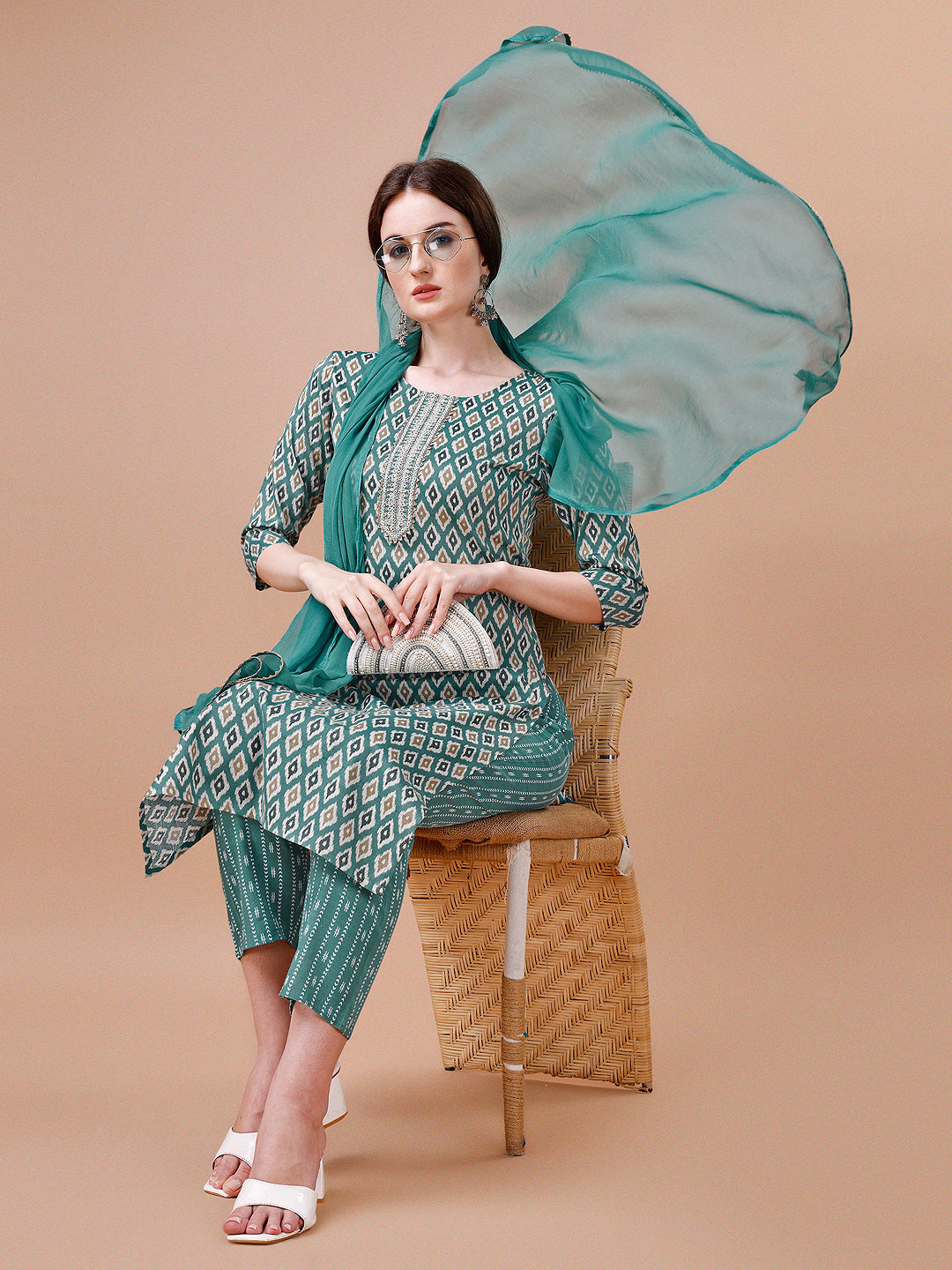 Ethnic Motifs Printed Cotton Kurta With Pant & Dupatta, Multicolor - Hiral Fashion