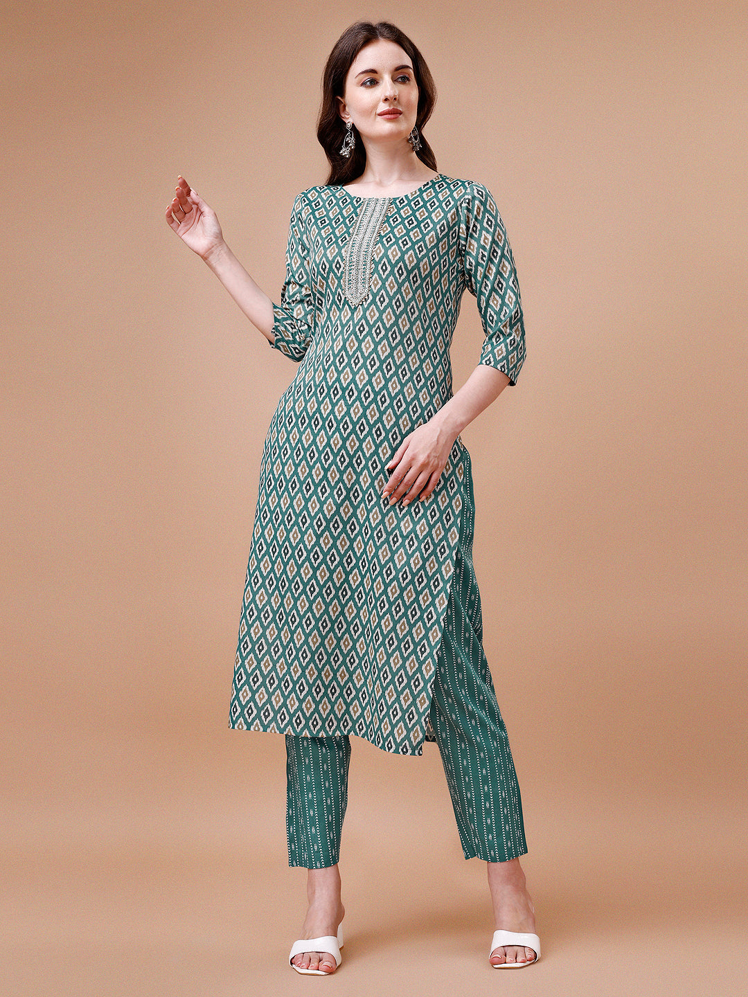 Ethnic Motifs Printed Cotton Kurta With Pant & Dupatta, Multicolor - Hiral Fashion