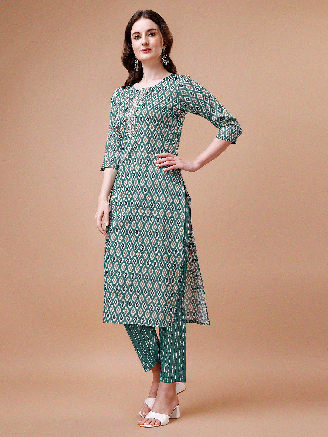 Ethnic Motifs Printed Cotton Kurta With Pant & Dupatta, Multicolor - Hiral Fashion