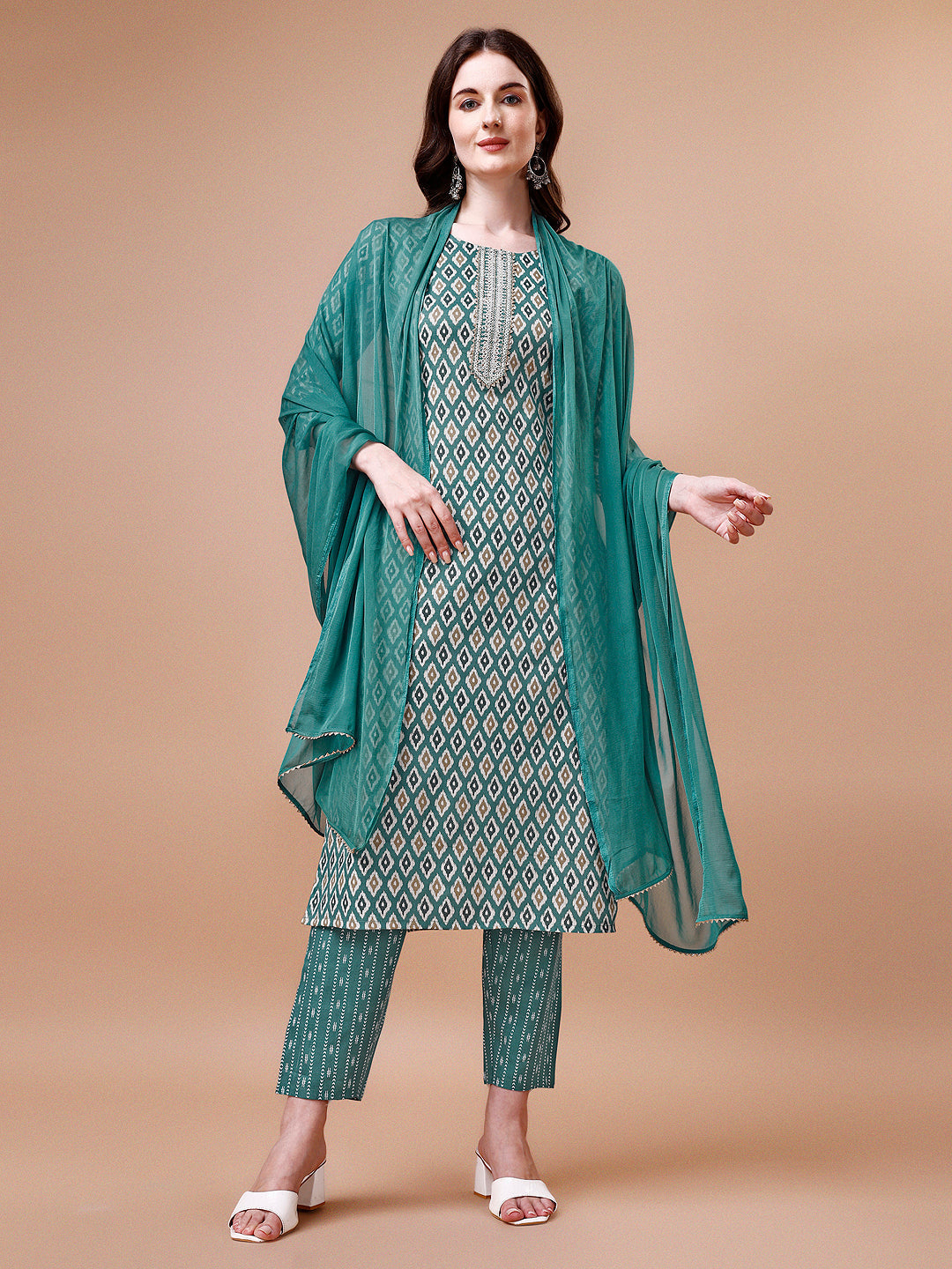Ethnic Motifs Printed Cotton Kurta With Pant & Dupatta, Multicolor - Hiral Fashion