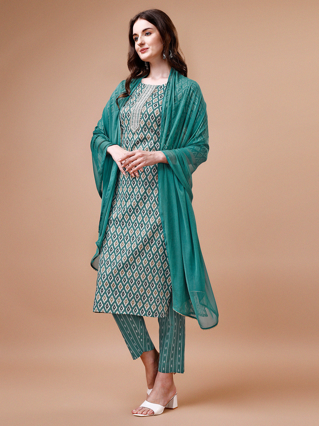 Ethnic Motifs Printed Cotton Kurta With Pant & Dupatta, Multicolor - Hiral Fashion