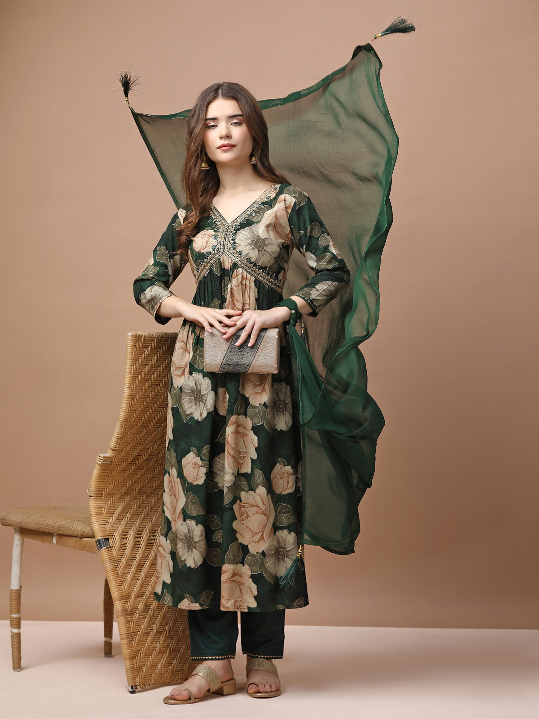 Alia Cut Rayon Embroidered & Floral Printed Kurta With Pant & Dupatta Premium, Multicolor - Hiral Fashion