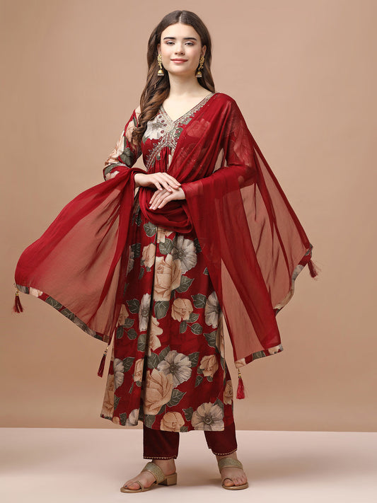 Alia Cut Rayon Embroidered & Floral Printed Kurta With Pant & Dupatta Premium, Multicolor - Hiral Fashion