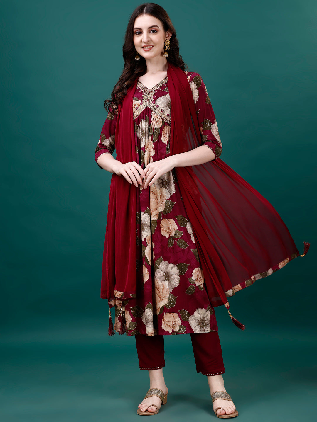 Alia Cut Rayon Embroidered & Floral Printed Kurta With Pant & Dupatta, Multicolor - Hiral Fashion