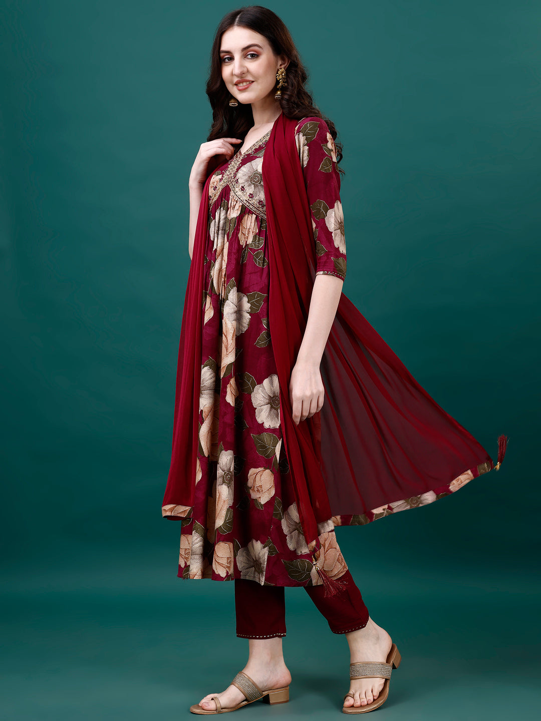 Alia Cut Rayon Embroidered & Floral Printed Kurta With Pant & Dupatta, Multicolor - Hiral Fashion