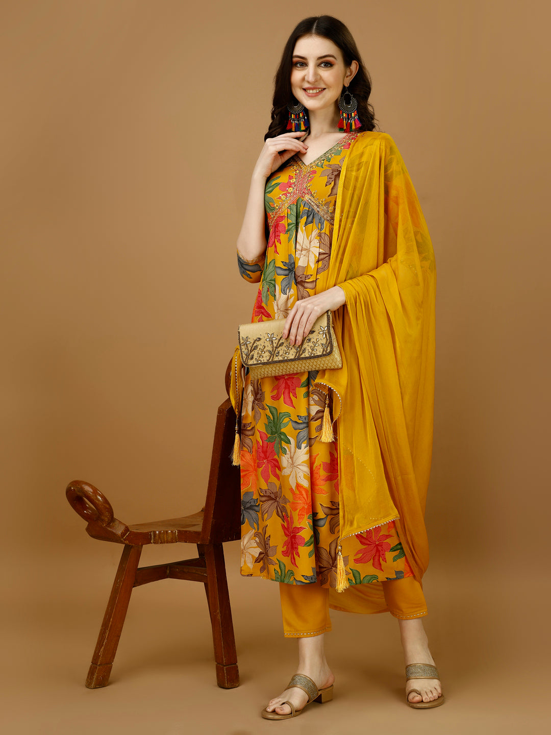 Alia Cut Rayon Embroidered & Floral Printed Kurta With Pant & Dupatta, Multicolor - Hiral Fashion