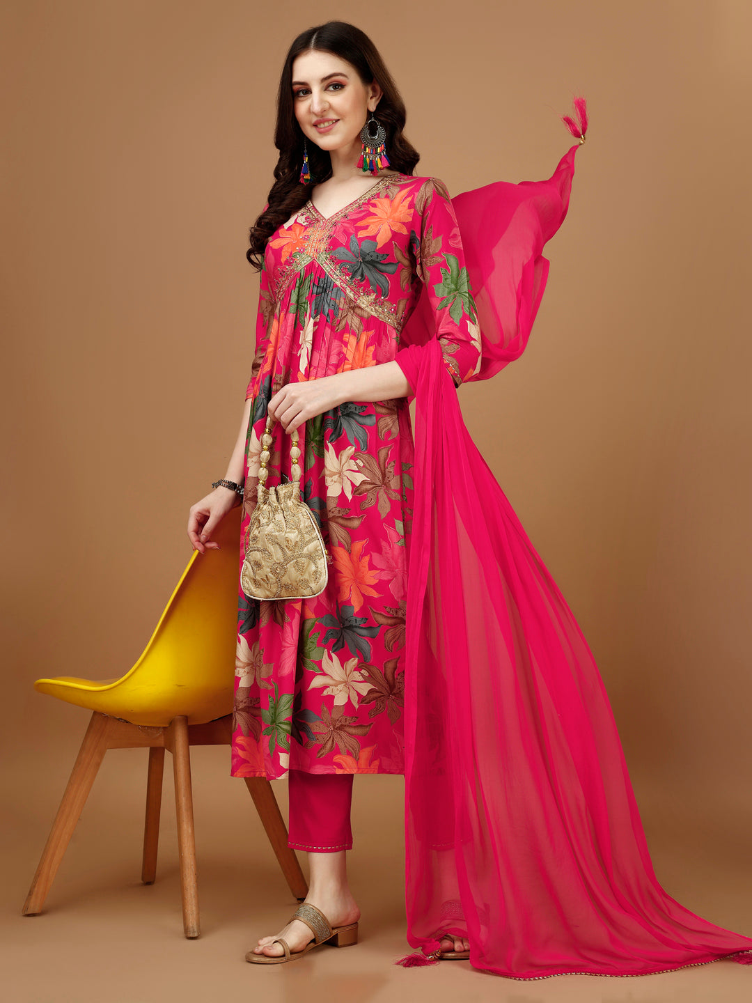 Alia Cut Rayon Embroidered & Floral Printed Kurta With Pant & Dupatta, Multicolor - Hiral Fashion