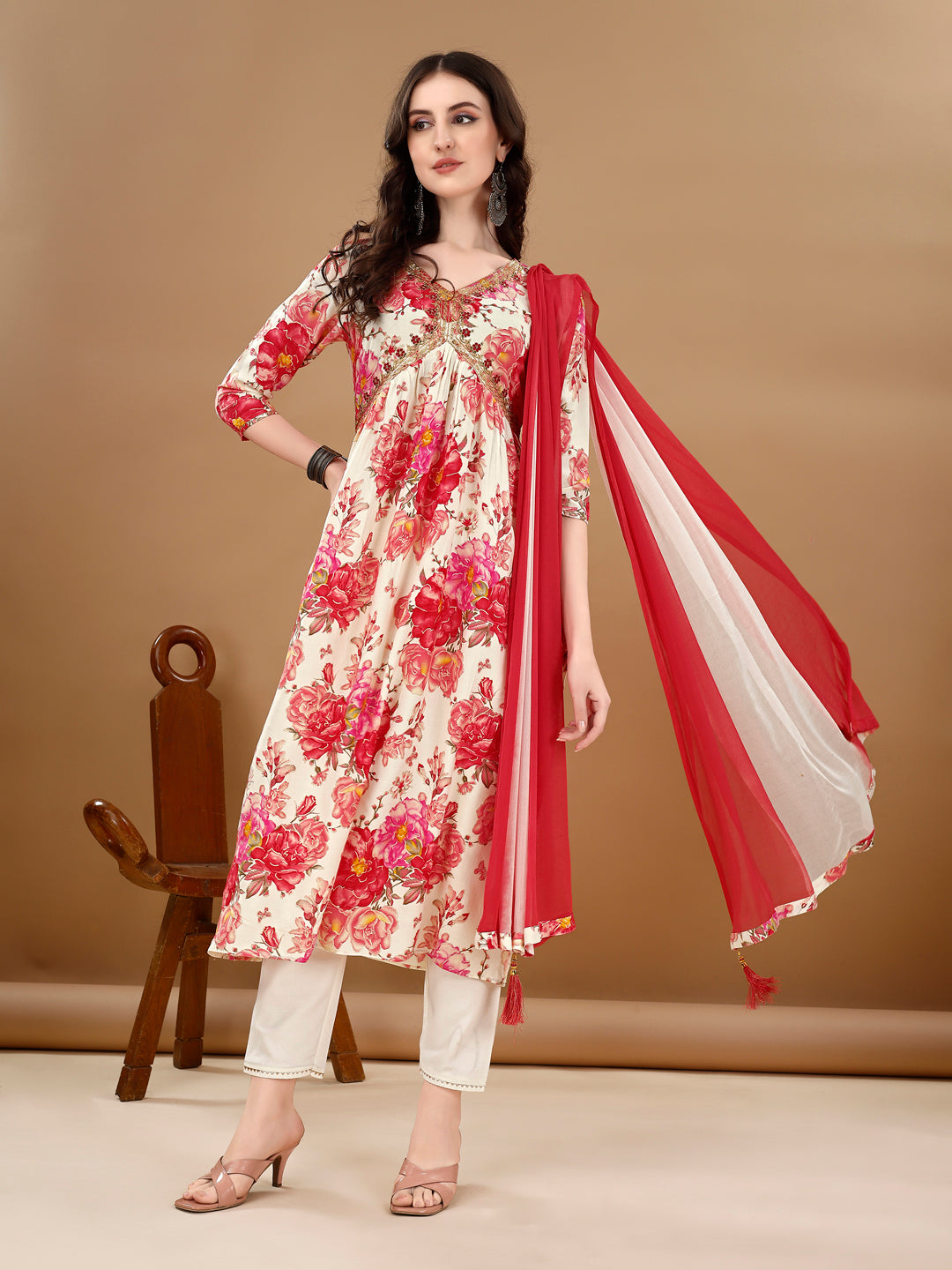 Alia Cut Floral Printed & Embroidered Kurta With Pant & Dupatta Set Premium Luxury, Multicolor - Hiral Fashion