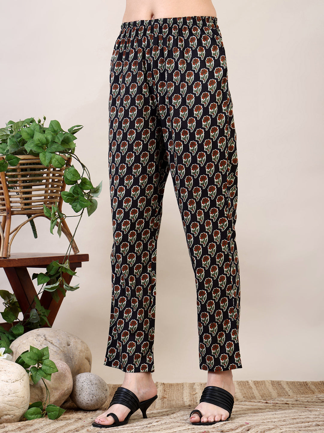 Floral Printed Flared Kurta With Pant & Dupatta, Black - Hiral Fashion