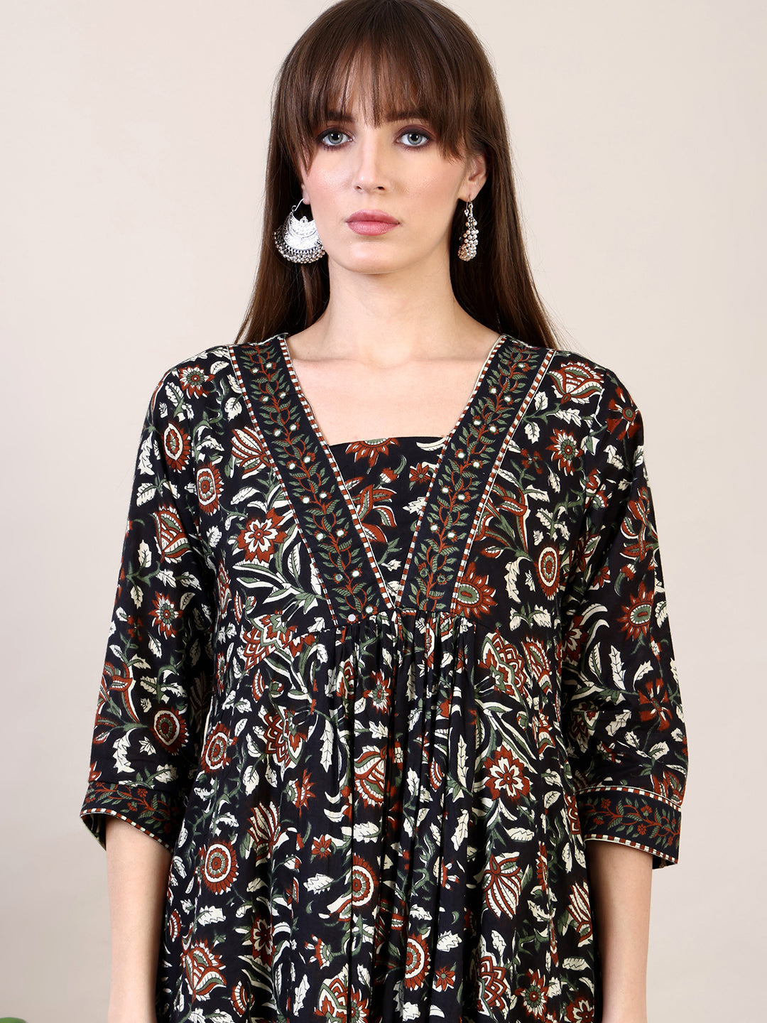 Floral Printed Flared Kurta With Pant & Dupatta, Black - Hiral Fashion