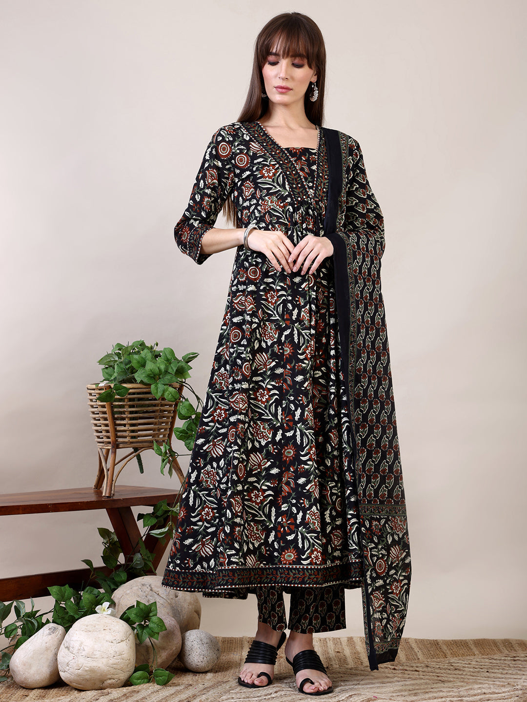Floral Printed Flared Kurta With Pant & Dupatta, Black - Hiral Fashion
