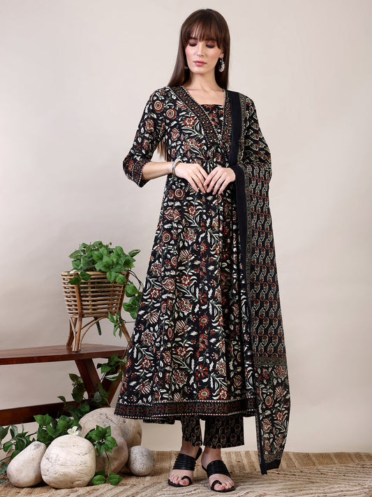 Floral Printed Flared Kurta With Pant & Dupatta, Black - Hiral Fashion