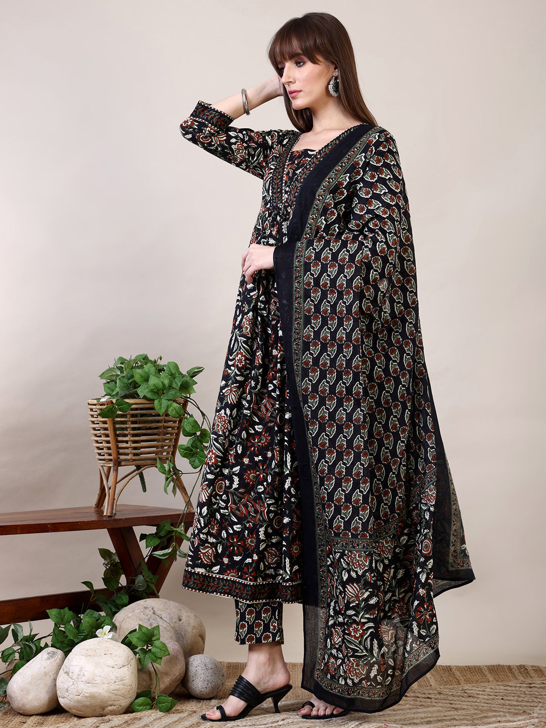 Floral Printed Flared Kurta With Pant & Dupatta, Black - Hiral Fashion