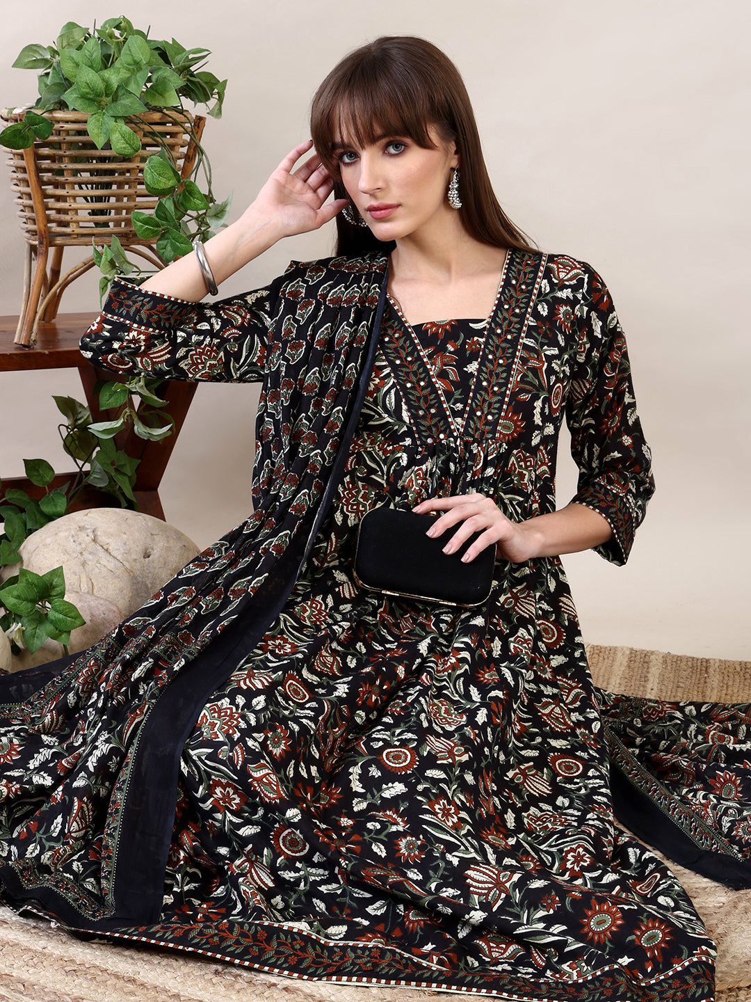 Floral Printed Flared Kurta With Pant & Dupatta, Black - Hiral Fashion