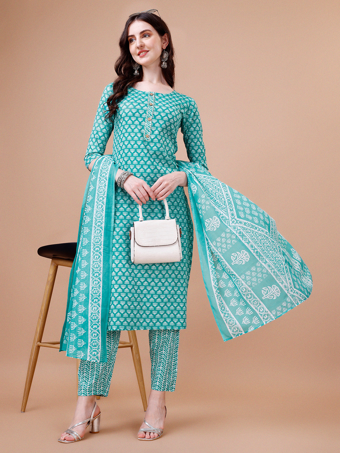 Ethnic Motifs Printed Casual Wear Cotton Kurta With Pant & Dupatta, Multicolor - Hiral Fashion