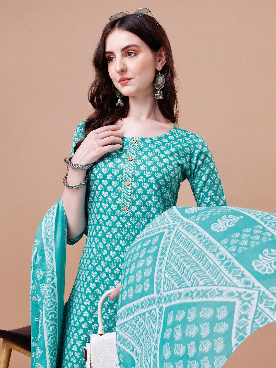 Ethnic Motifs Printed Casual Wear Cotton Kurta With Pant & Dupatta, Multicolor - Hiral Fashion