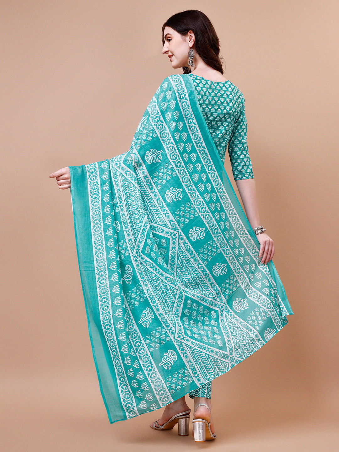 Ethnic Motifs Printed Casual Wear Cotton Kurta With Pant & Dupatta, Multicolor - Hiral Fashion