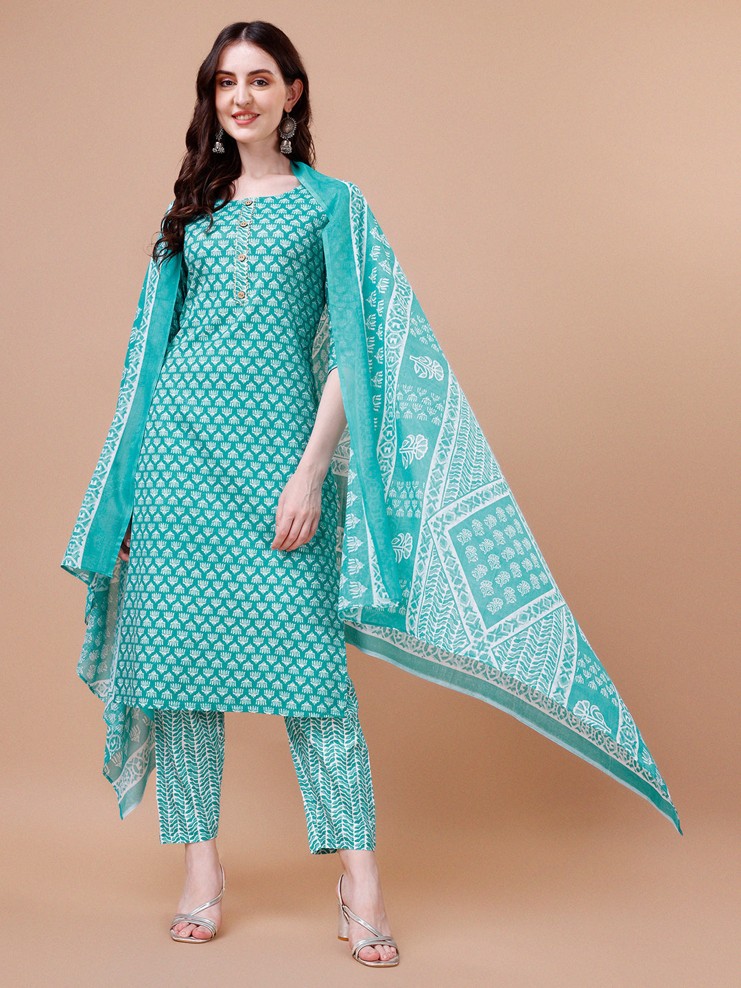 Ethnic Motifs Printed Casual Wear Cotton Kurta With Pant & Dupatta, Multicolor - Hiral Fashion