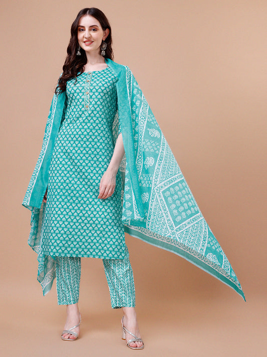 Ethnic Motifs Printed Casual Wear Cotton Kurta With Pant & Dupatta, Multicolor - Hiral Fashion