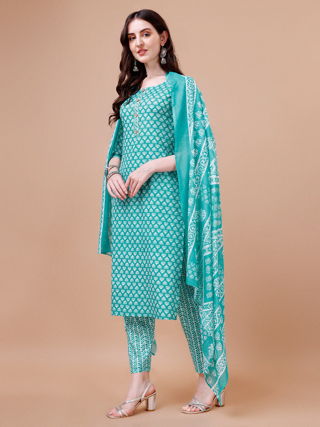 Ethnic Motifs Printed Casual Wear Cotton Kurta With Pant & Dupatta, Multicolor - Hiral Fashion