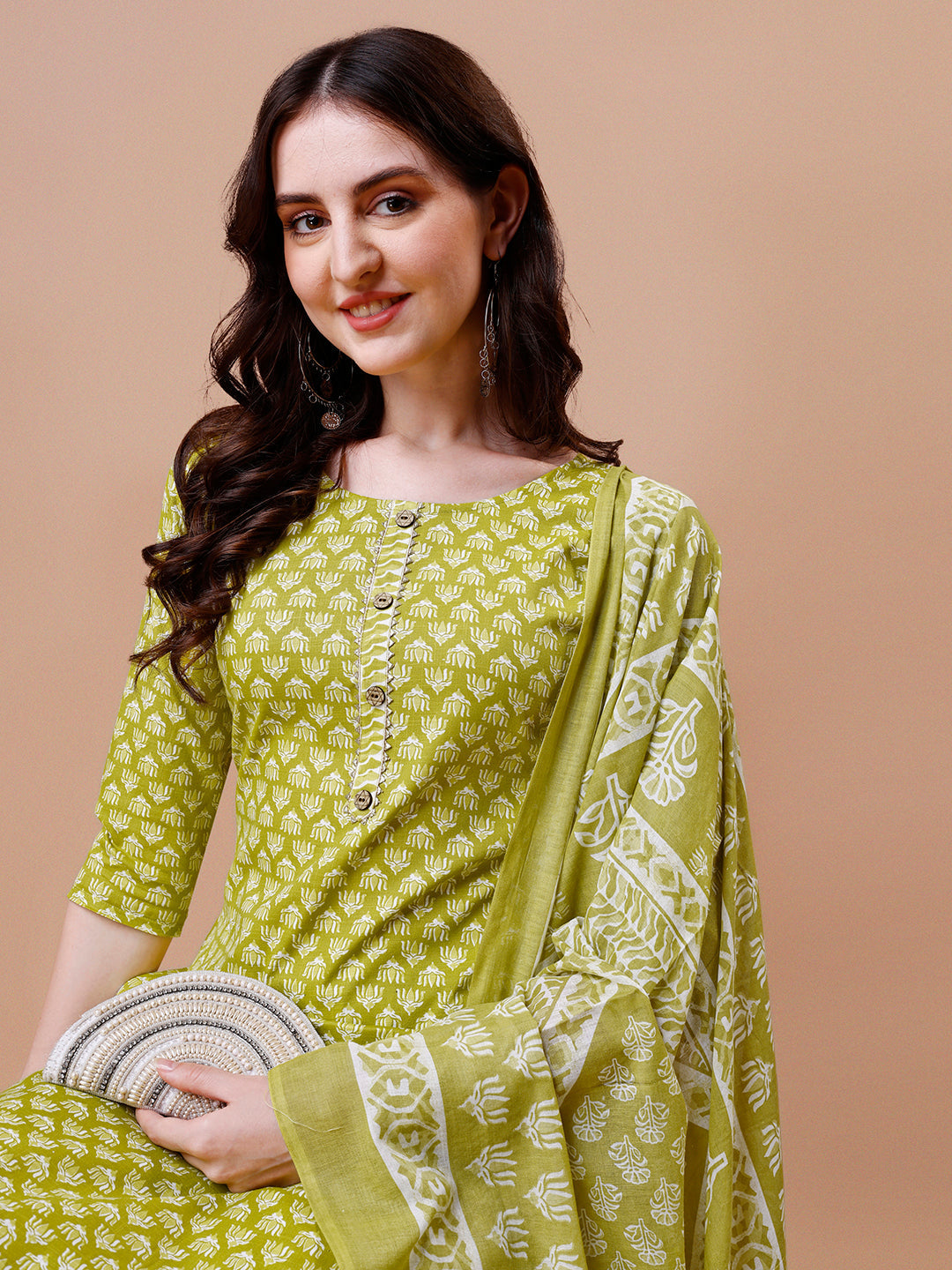 Ethnic Motifs Printed Casual Wear Cotton Kurta With Pant & Dupatta, Multicolor - Hiral Fashion