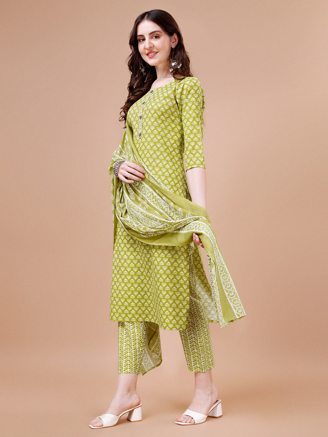 Ethnic Motifs Printed Casual Wear Cotton Kurta With Pant & Dupatta, Multicolor - Hiral Fashion