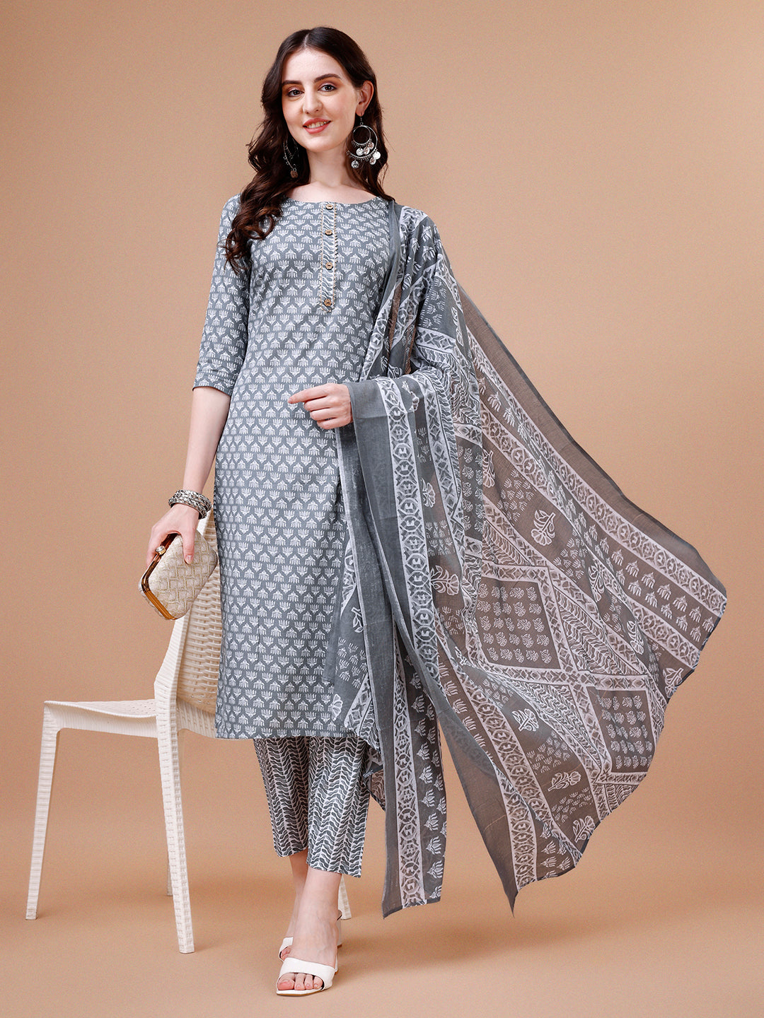 Ethnic Motifs Printed Casual Wear Cotton Kurta With Pant & Dupatta, Multicolor - Hiral Fashion
