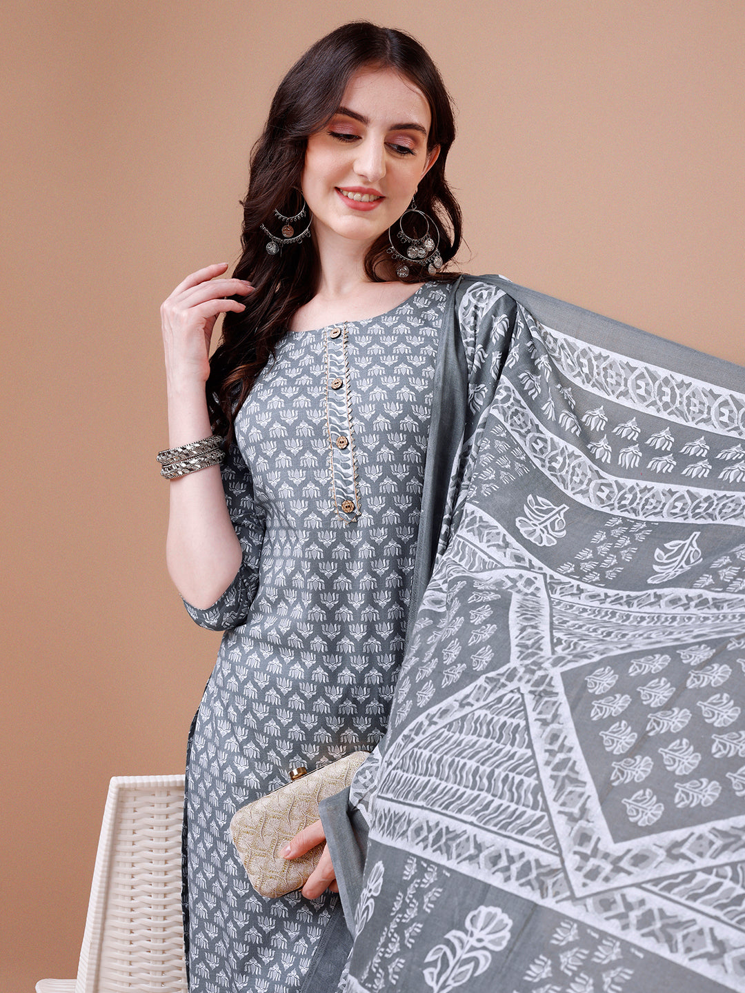Ethnic Motifs Printed Casual Wear Cotton Kurta With Pant & Dupatta, Multicolor - Hiral Fashion