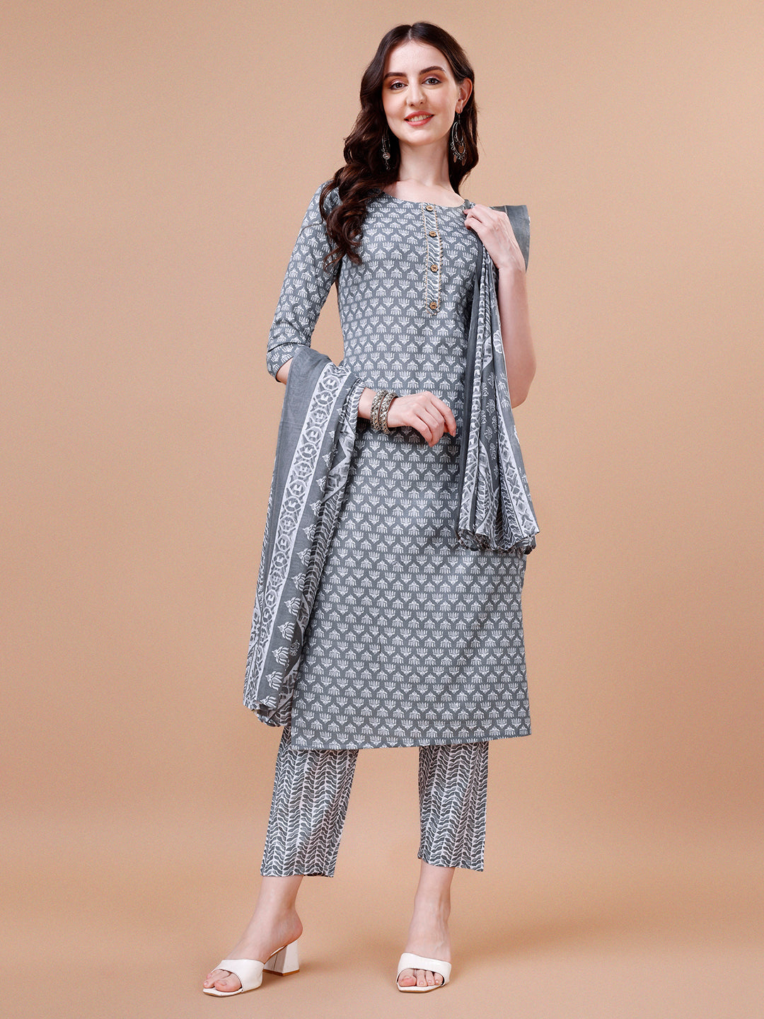 Ethnic Motifs Printed Casual Wear Cotton Kurta With Pant & Dupatta, Multicolor - Hiral Fashion