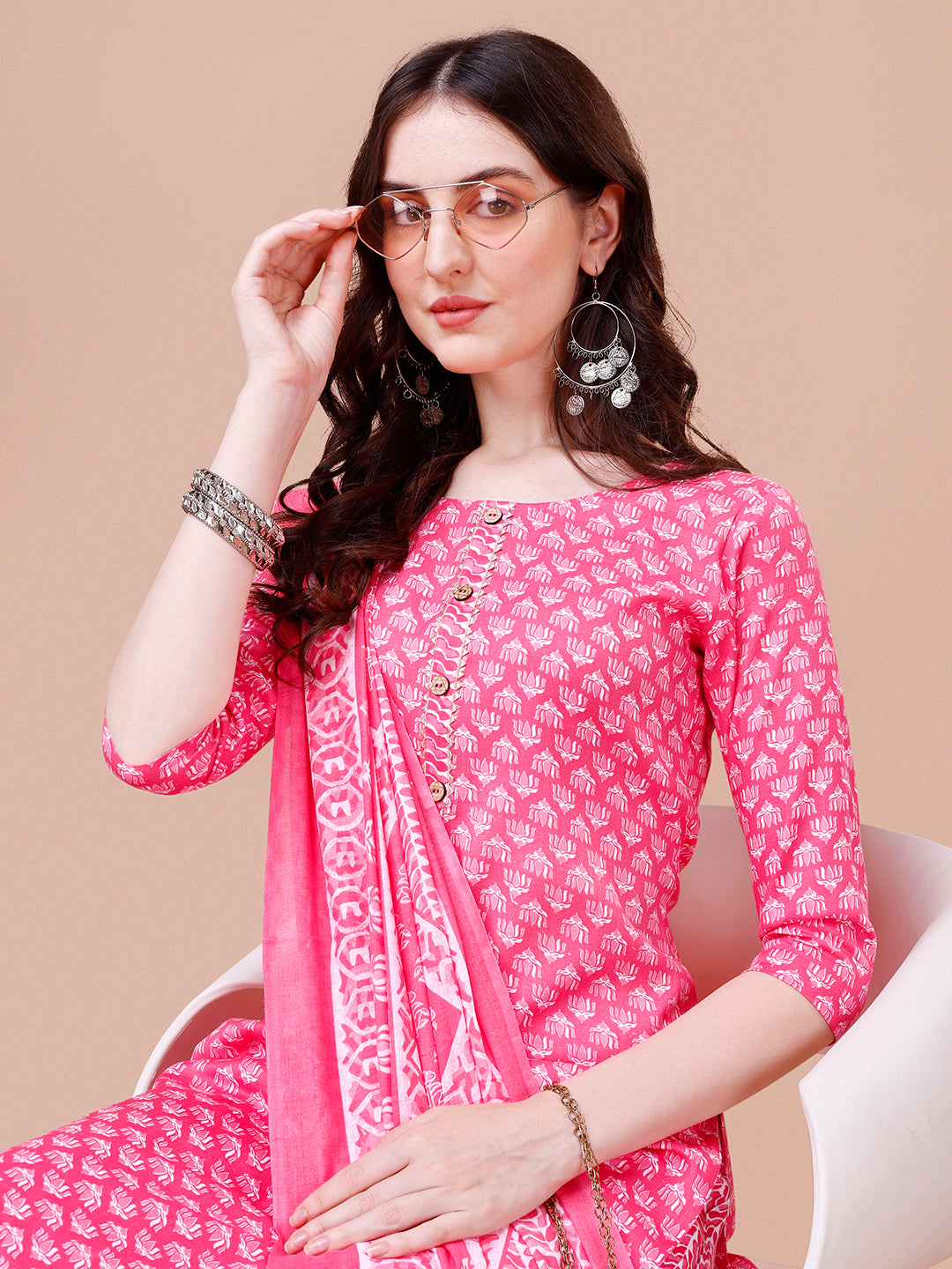 Ethnic Motifs Printed Casual Wear Cotton Kurta With Pant & Dupatta, Multicolor - Hiral Fashion