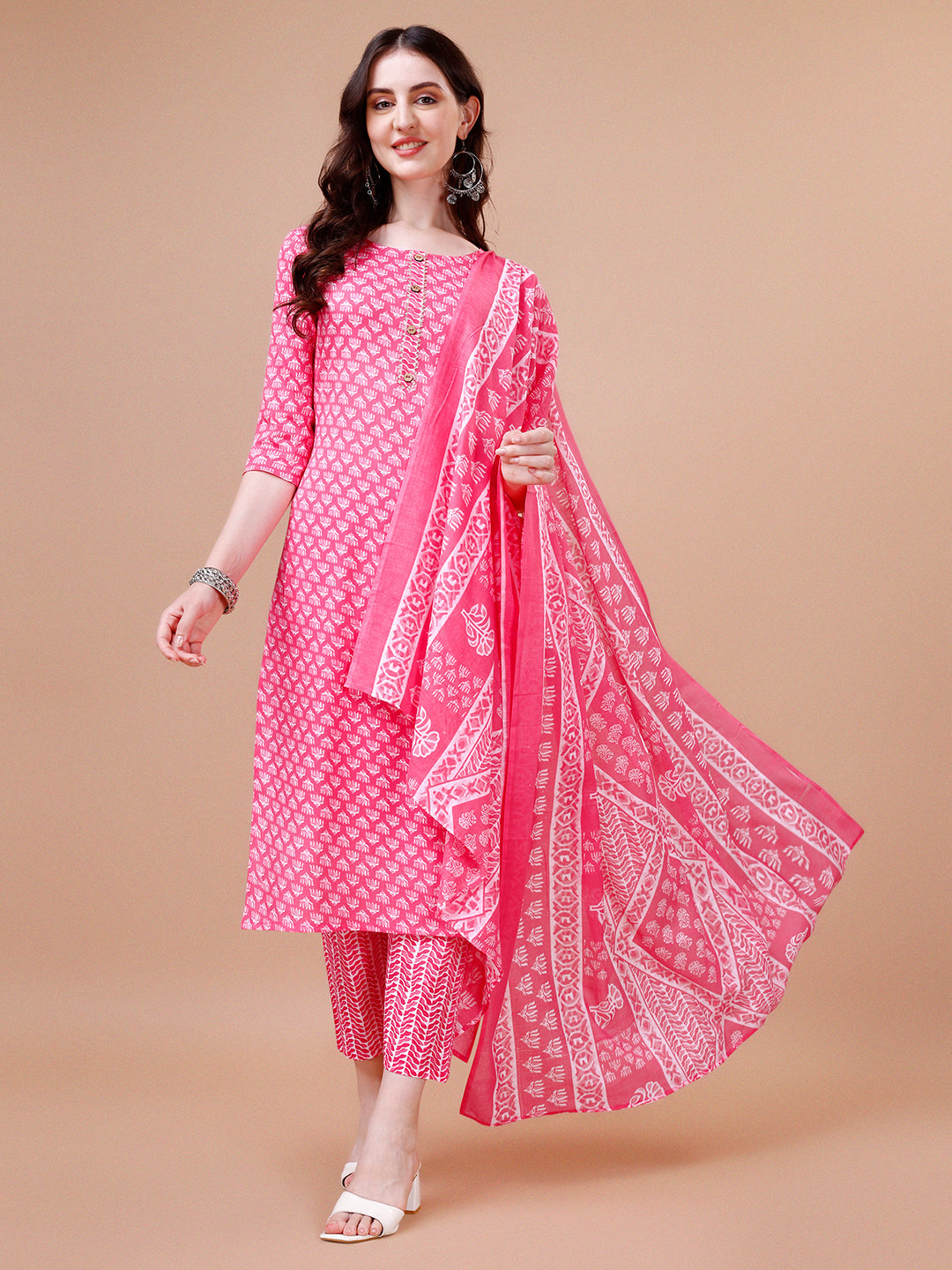 Ethnic Motifs Printed Casual Wear Cotton Kurta With Pant & Dupatta, Multicolor - Hiral Fashion