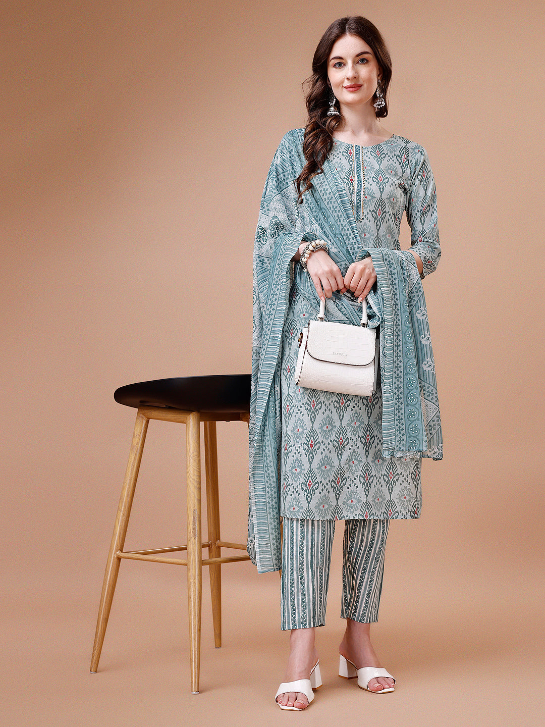 Printed Cotton Kurta With Pant & Dupatta, Multicolor - Hiral Fashion