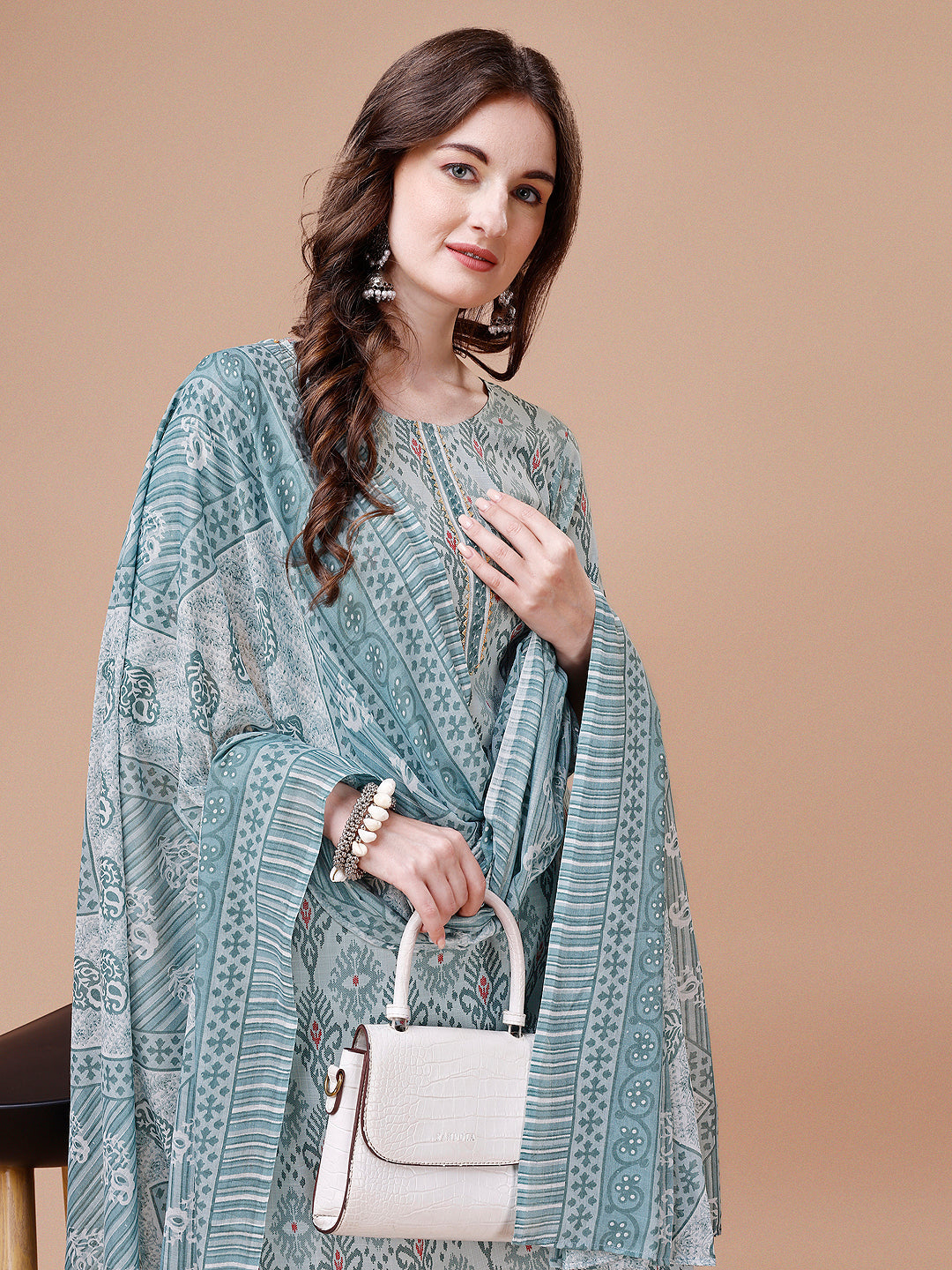 Printed Cotton Kurta With Pant & Dupatta, Multicolor - Hiral Fashion