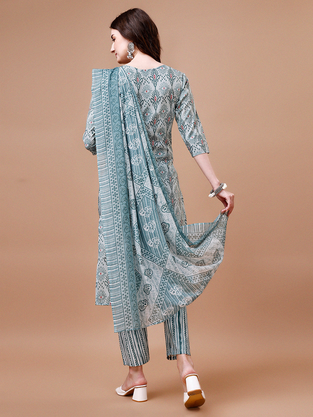 Printed Cotton Kurta With Pant & Dupatta, Multicolor - Hiral Fashion