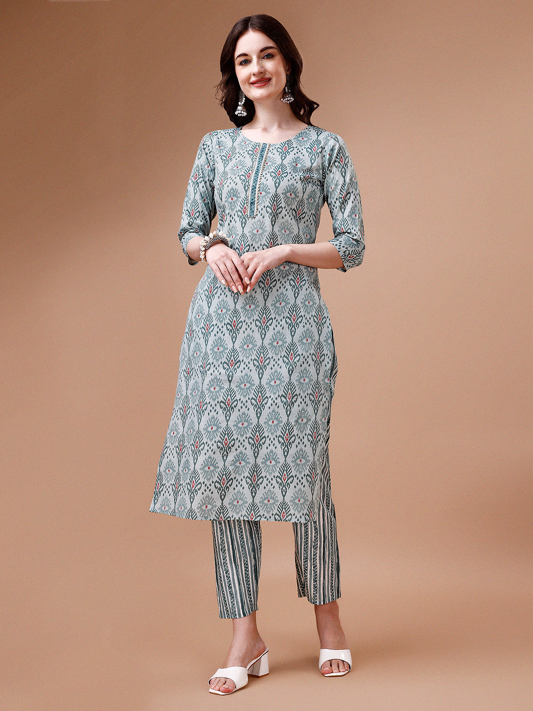 Printed Cotton Kurta With Pant & Dupatta, Multicolor - Hiral Fashion