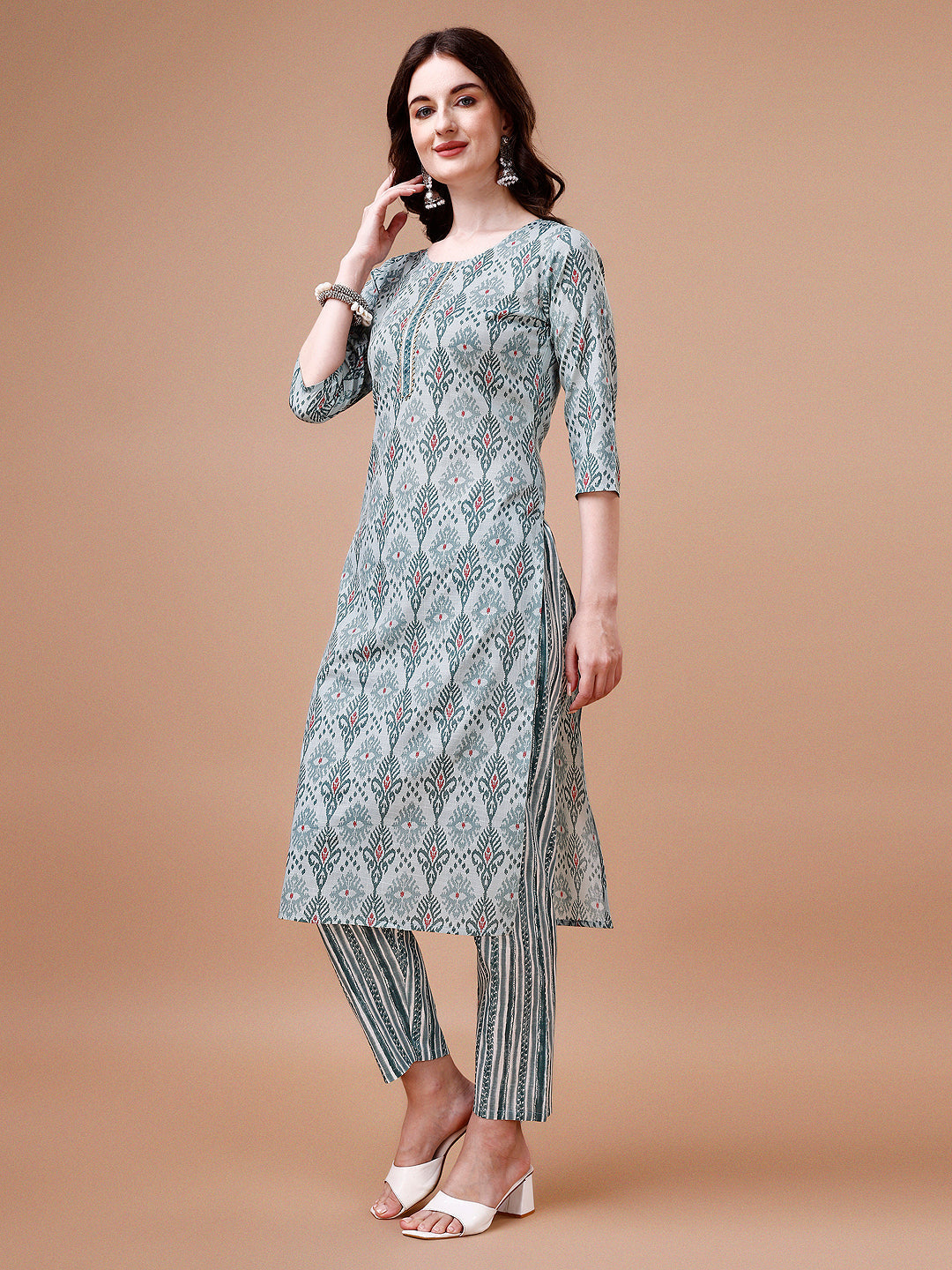 Printed Cotton Kurta With Pant & Dupatta, Multicolor - Hiral Fashion