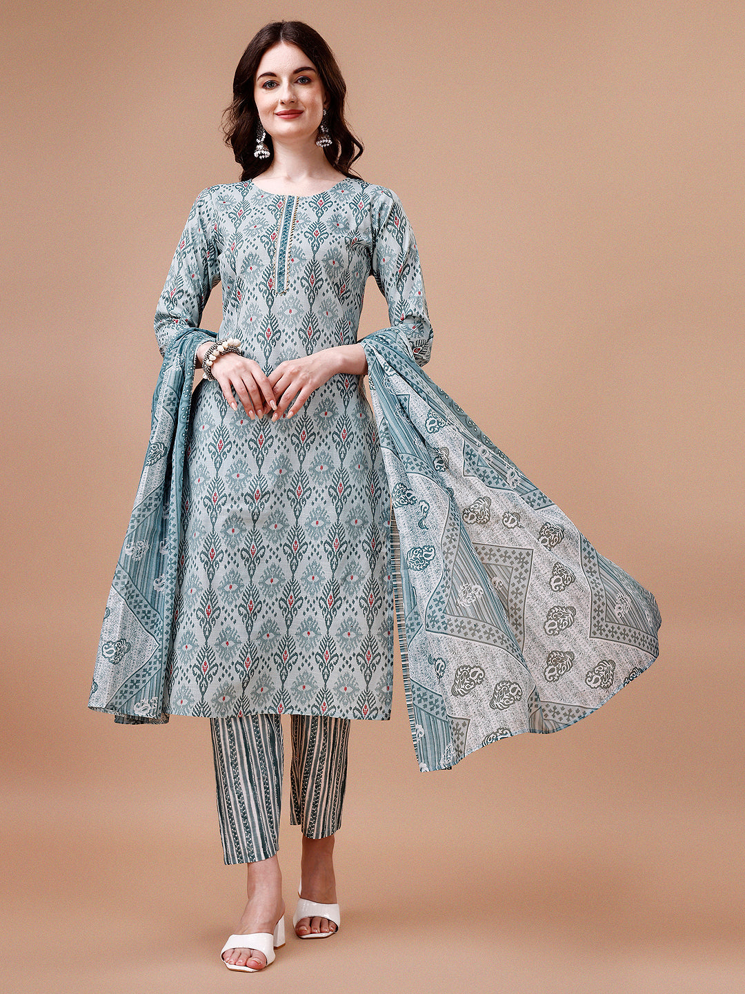 Printed Cotton Kurta With Pant & Dupatta, Multicolor - Hiral Fashion