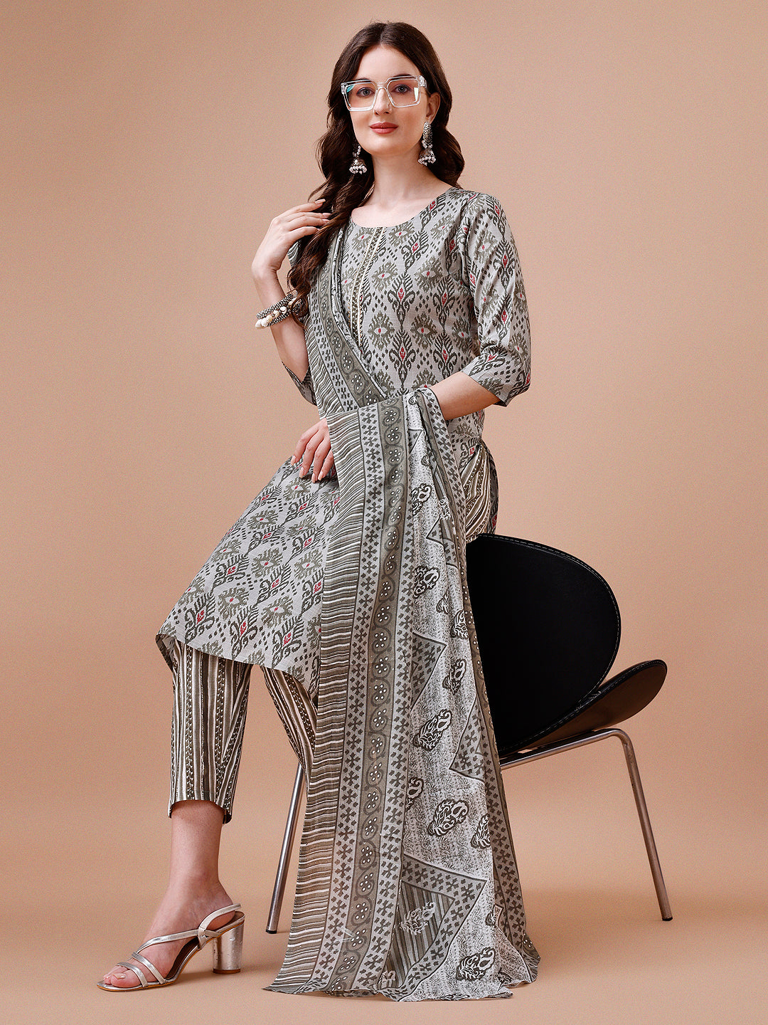 Printed Cotton Kurta With Pant & Dupatta, Multicolor - Hiral Fashion