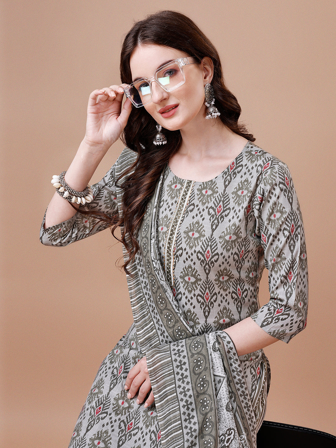 Printed Cotton Kurta With Pant & Dupatta, Multicolor - Hiral Fashion