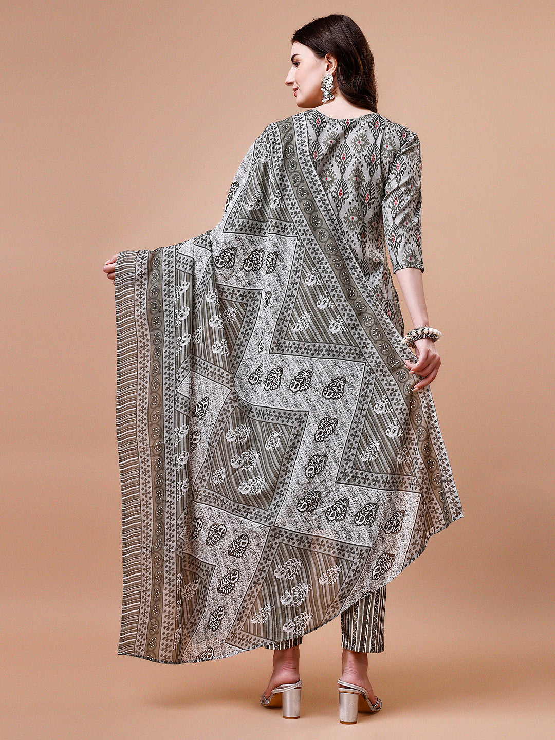 Printed Cotton Kurta With Pant & Dupatta, Multicolor - Hiral Fashion