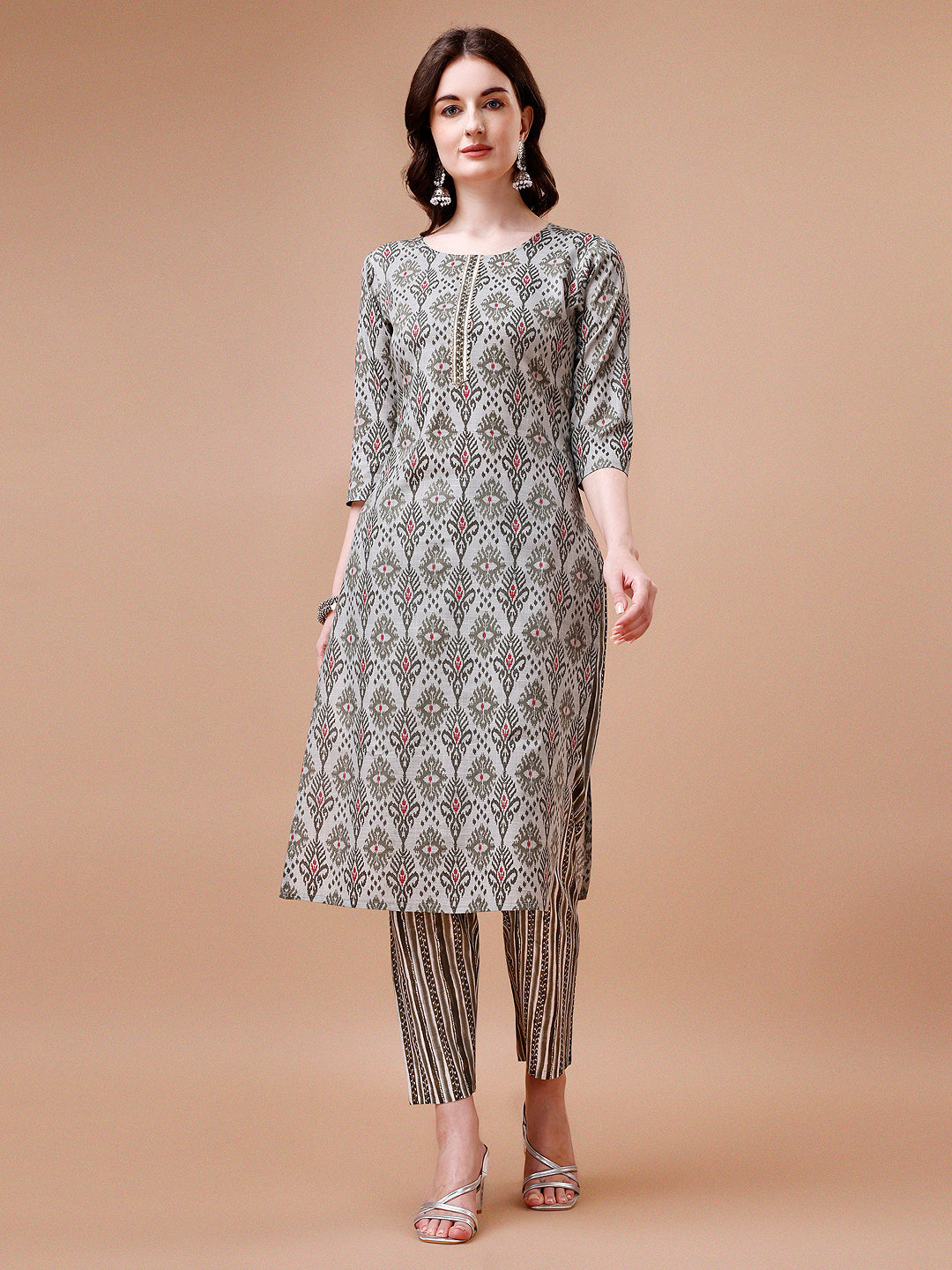 Printed Cotton Kurta With Pant & Dupatta, Multicolor - Hiral Fashion