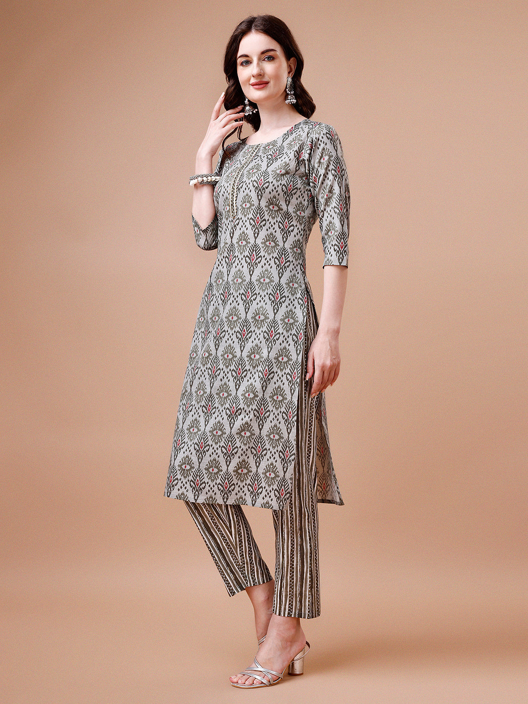 Printed Cotton Kurta With Pant & Dupatta, Multicolor - Hiral Fashion