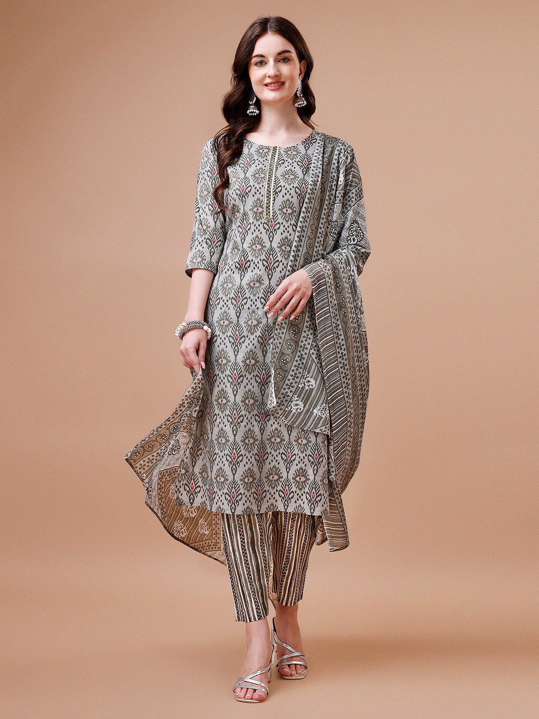 Printed Cotton Kurta With Pant & Dupatta, Multicolor - Hiral Fashion