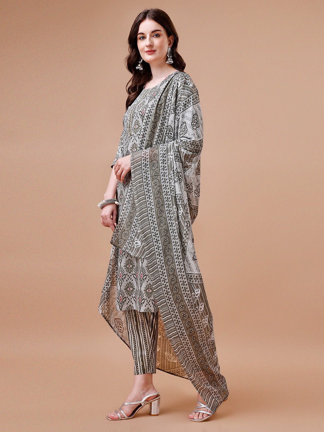 Printed Cotton Kurta With Pant & Dupatta, Multicolor - Hiral Fashion