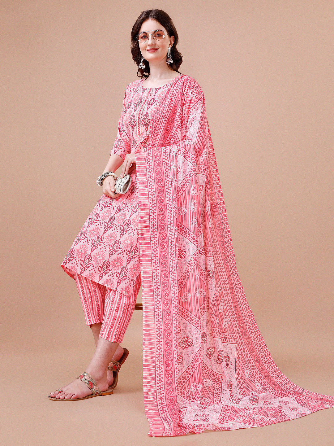 Printed Cotton Kurta With Pant & Dupatta, Multicolor - Hiral Fashion