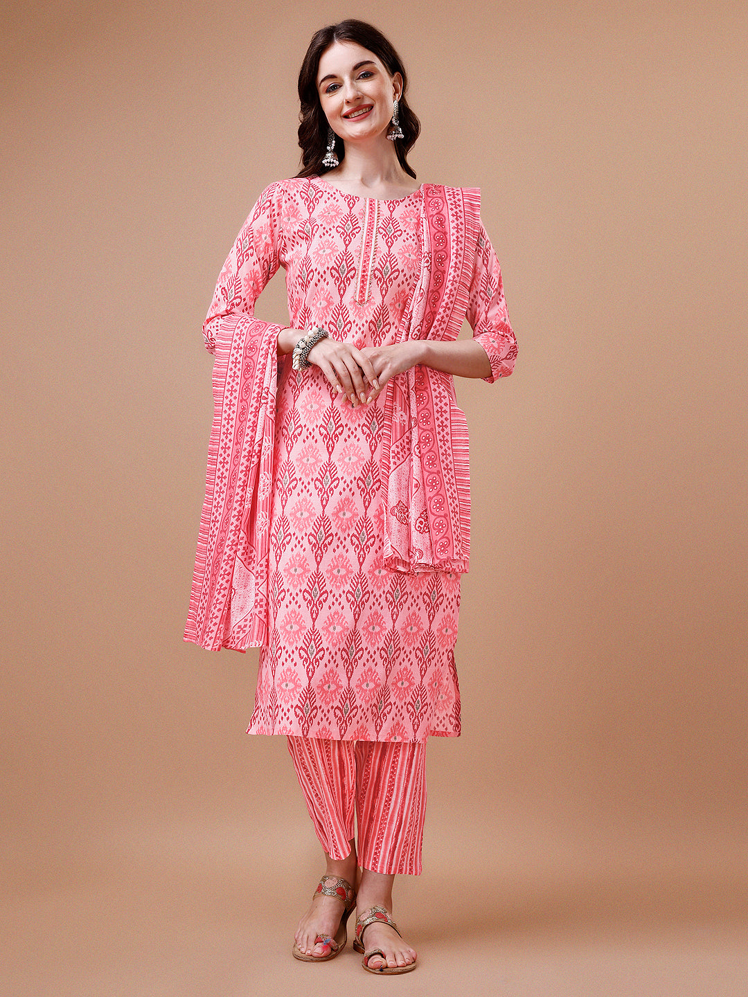 Printed Cotton Kurta With Pant & Dupatta, Multicolor - Hiral Fashion