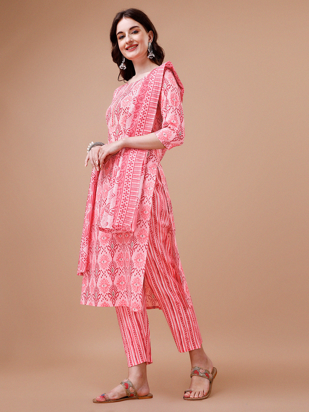 Printed Cotton Kurta With Pant & Dupatta, Multicolor - Hiral Fashion