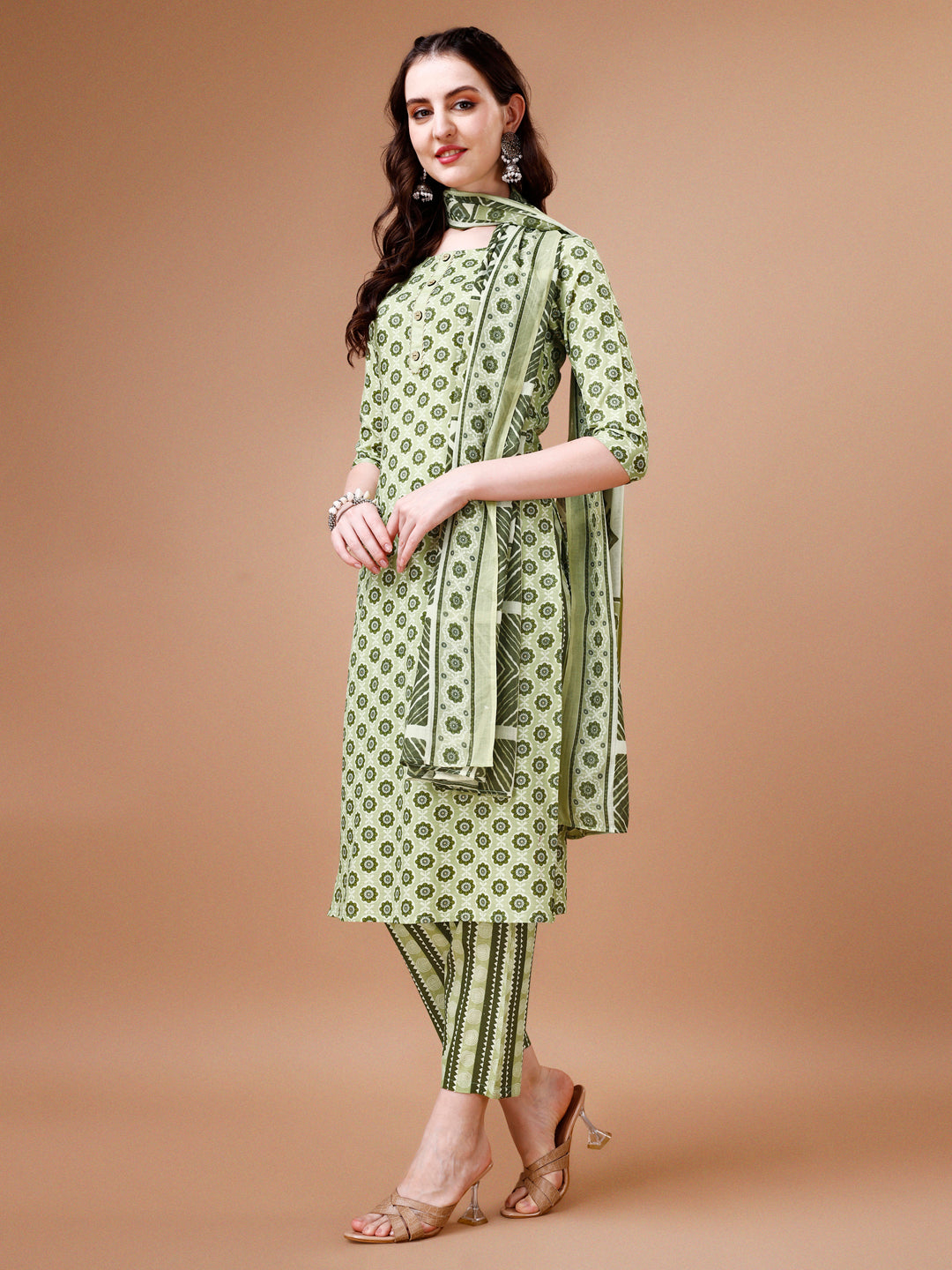 Floral Printed Cotton Kurta With Pant & Dupatta, Multicolor - Hiral Fashion